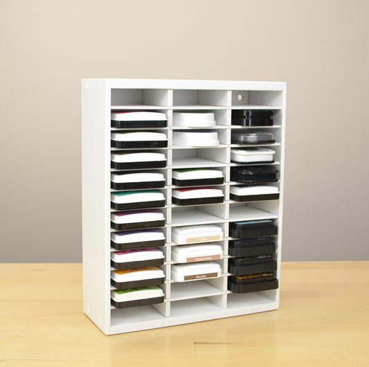 Front view of the Organizemore 36 Standard Ink Pad organizer full of ink pads.