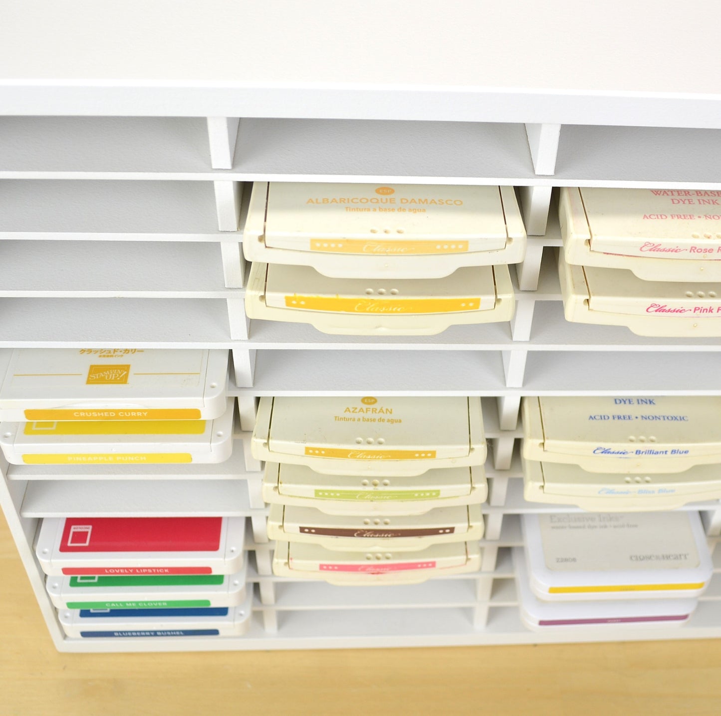 View from above showing ink pads in a storage organizer for Stampin Up pads showing how far they stick out.
