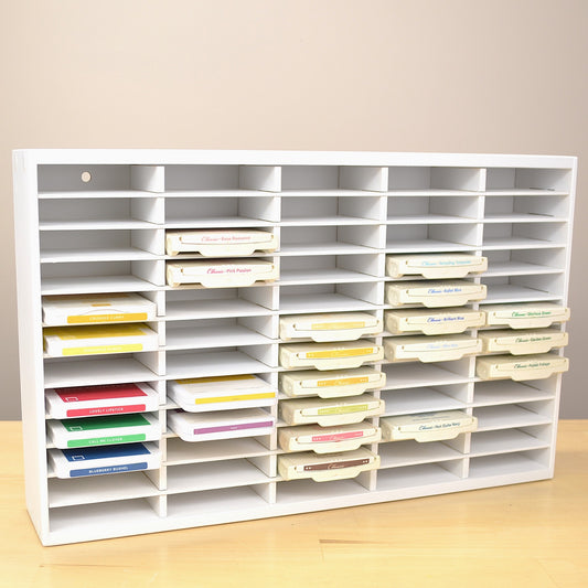 Front view of the 60 Ink Pad Organizer for Stampin Up, full of pads and made by OrganizeMore.