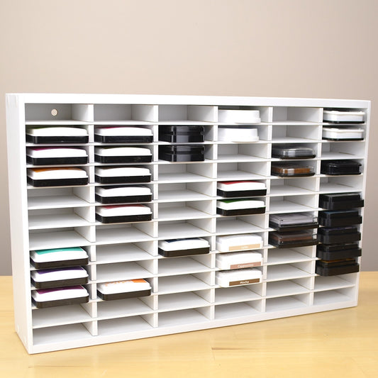 The 72 Standard Ink Pad organizer painted white and holding various brand ink pads.