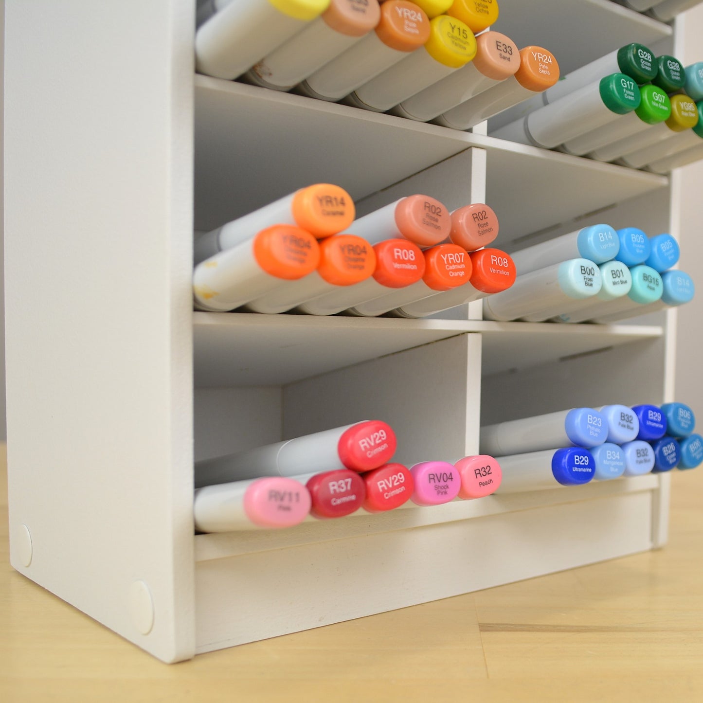 Closeup of Copic markers in the Large Marker Organizer.