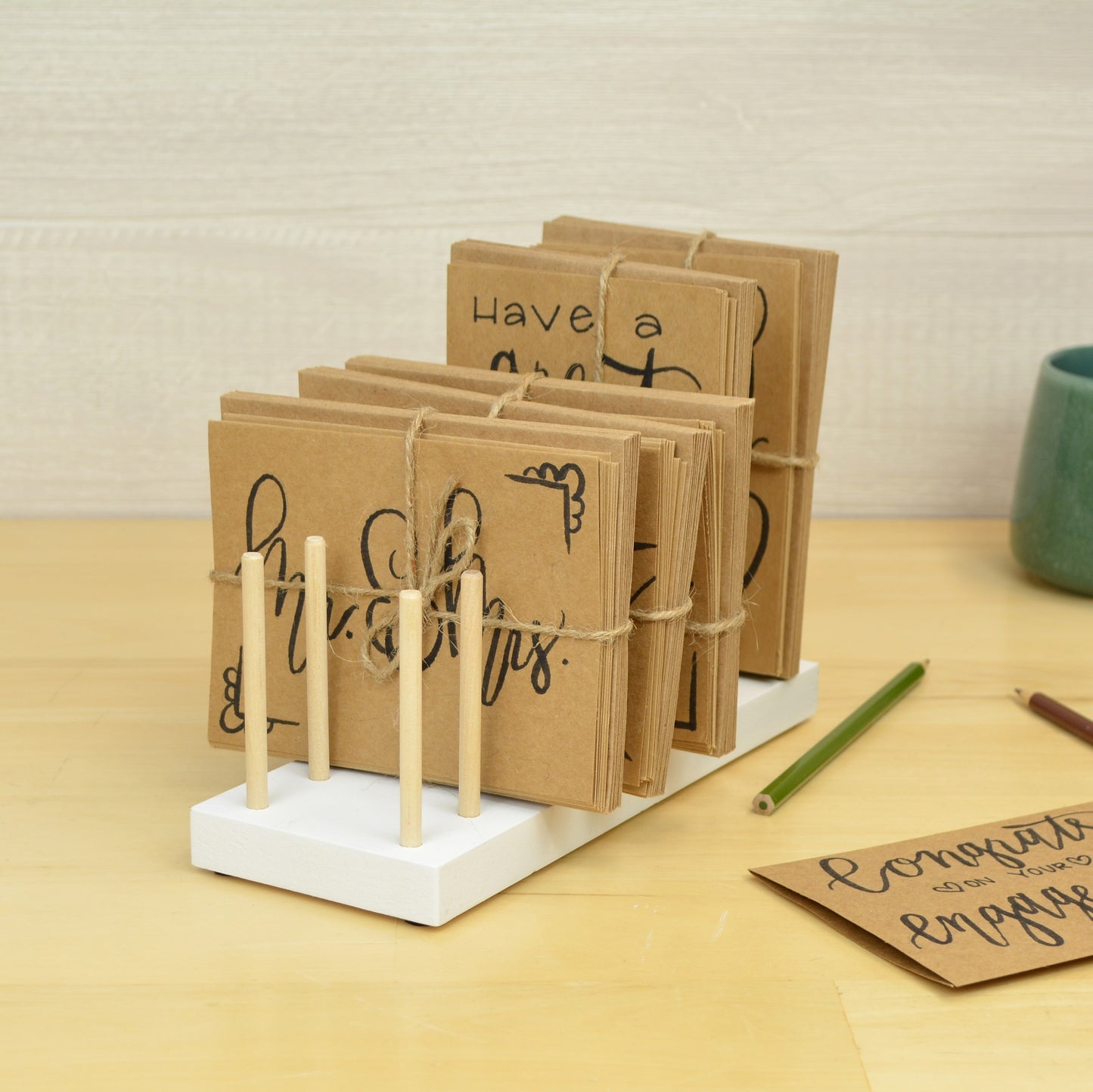 angle view of a desktop organizer holding handmade cards