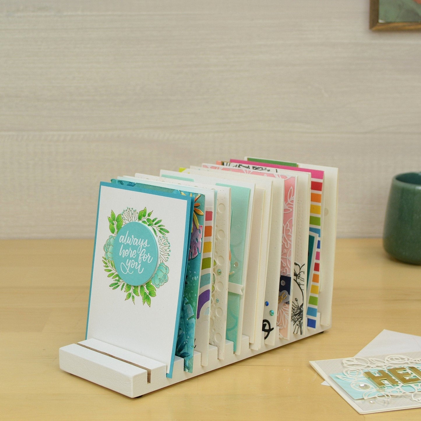 desktop greeting card stand full of handmade cards