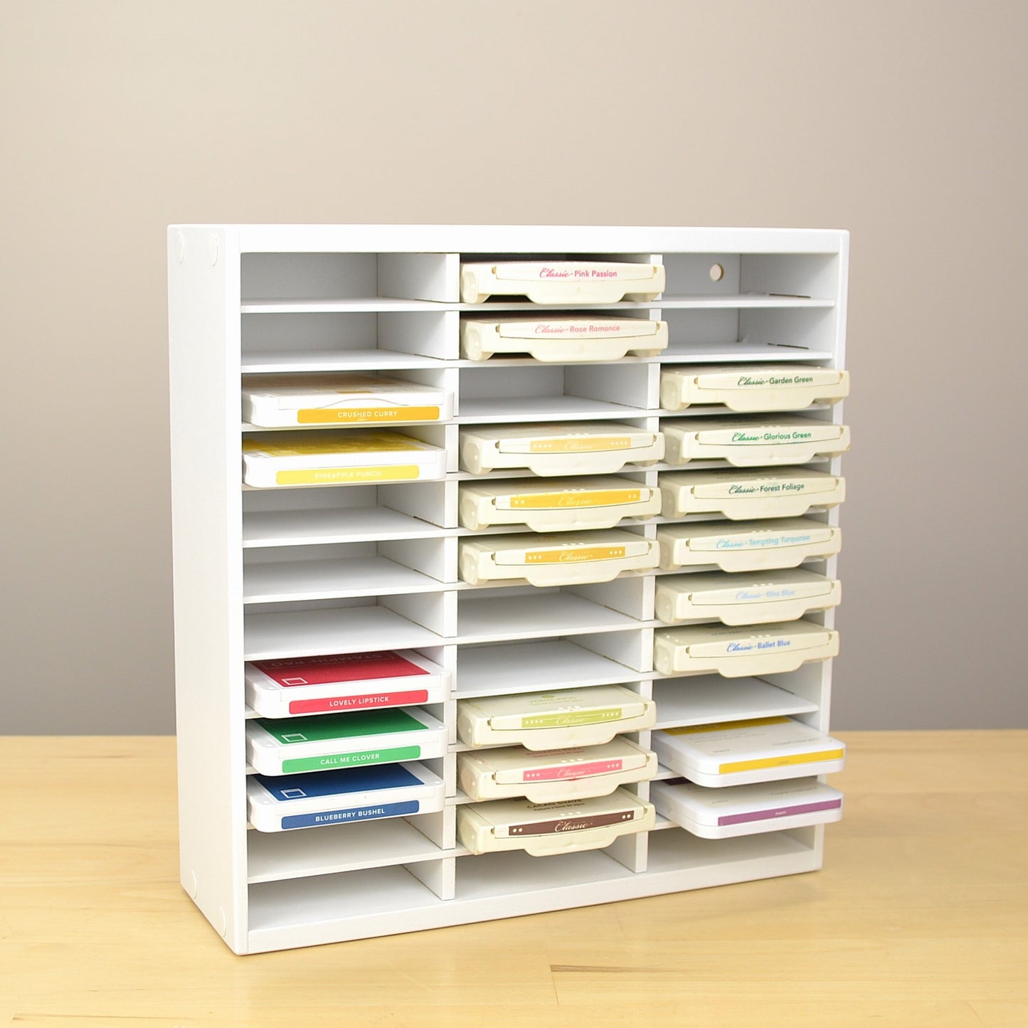 View of a 36 Ink Pad organizer full of Stampin Up pads. 