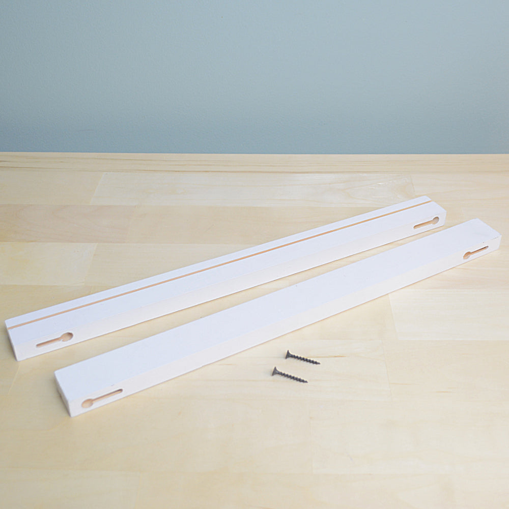 two floating shelves and hanging hardware for handmade greeting cards